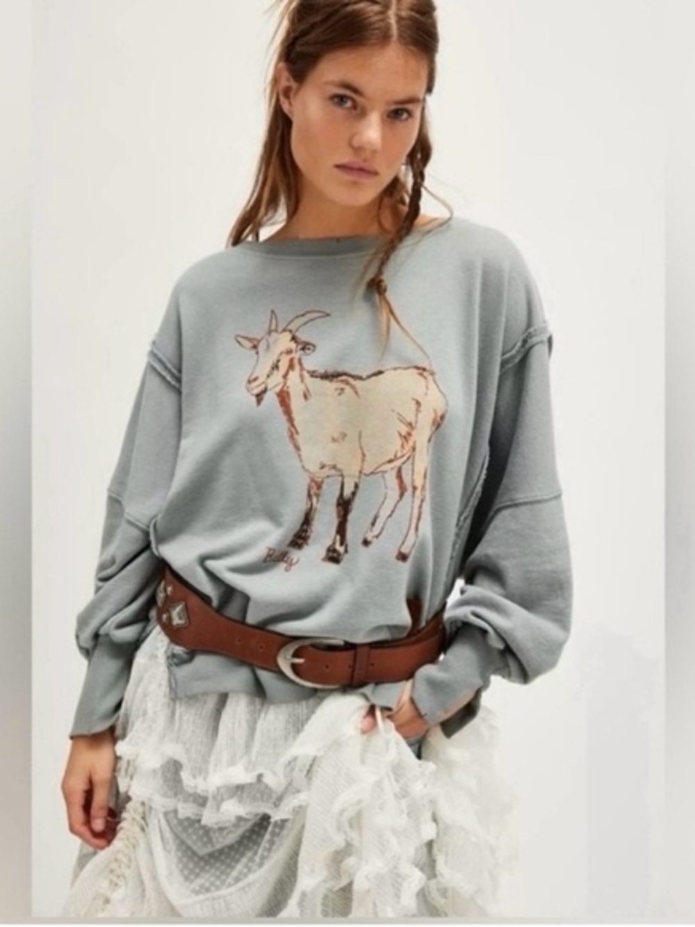 Free People Goat Graphic Oversized Sweatshirt Sage Green Distressed Pullover